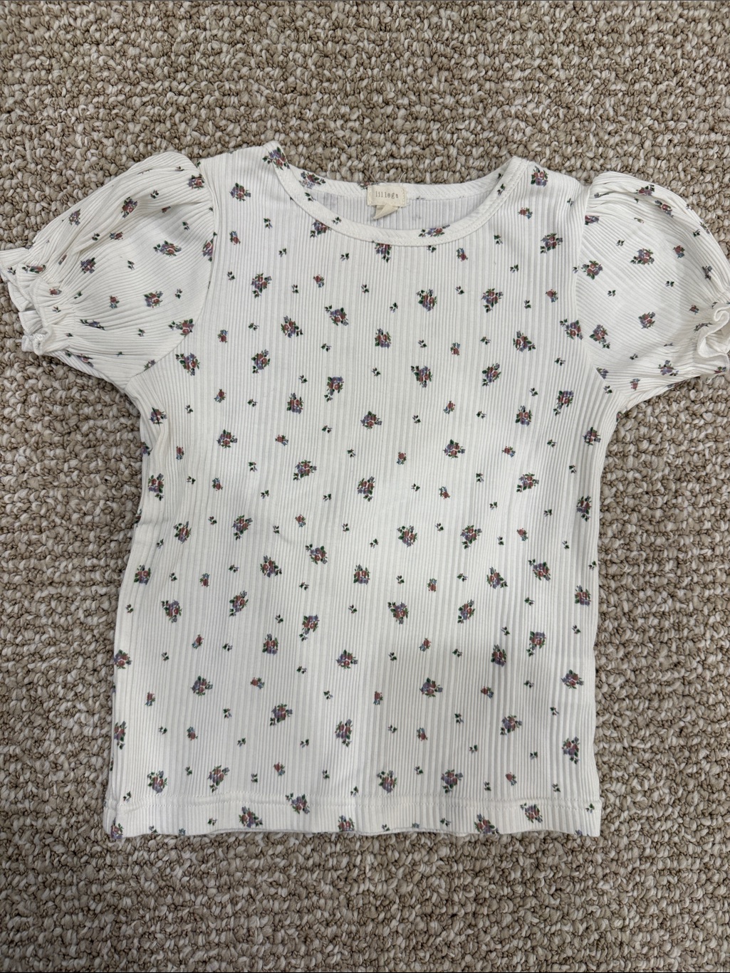 Girls' Cream Floral Ribbed Puff-Sleeve Tee
